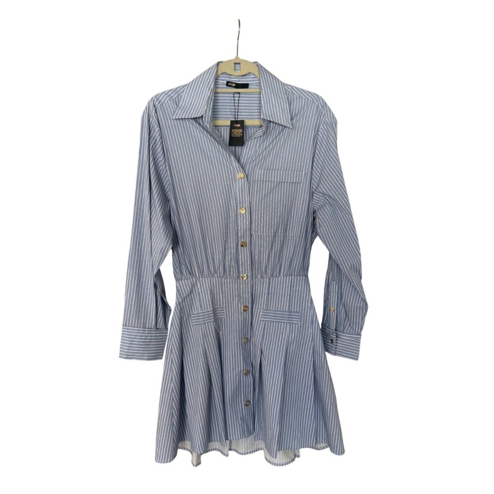 Maje Size M NEW Blue & White Striped Long Sleeve Button-Front Mini Shirt Dress - Picture 2 of 16